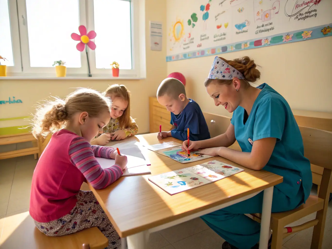 A group of volunteers joyfully decorating a hospital room with colorful balloons and artwork, creating a cheerful environment for pediatric patients.