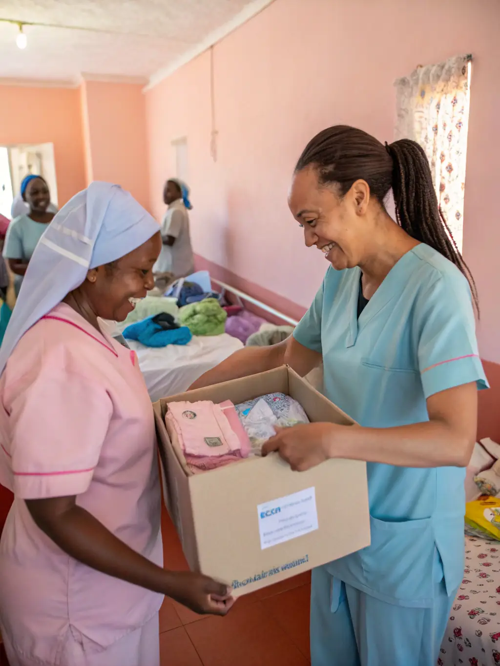 An image of volunteers delivering care packages filled with toys, books, and comfort items to children in a hospital ward, demonstrating ABOUT EMERIC AND ANTHONY's dedication to providing material support.