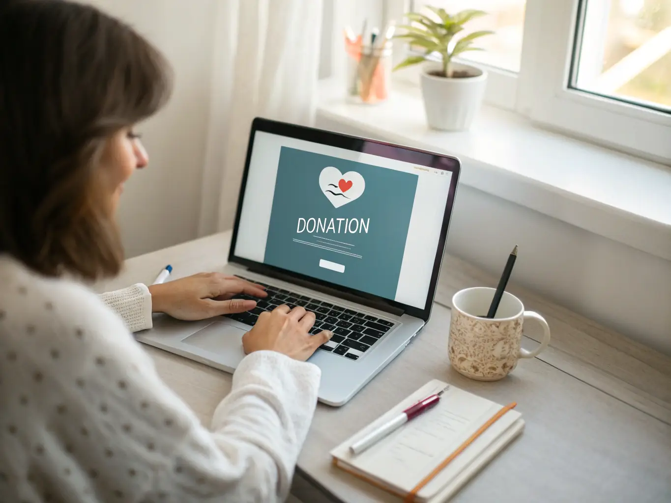 A person making an online donation to a children's charity on a laptop, symbolizing the ease and impact of financial contributions.